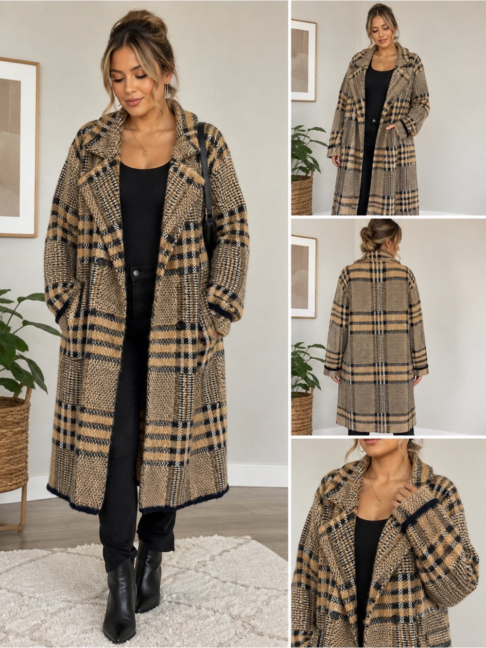 B MY STORY Women’s Long Plaid Coat Cardigan Jacket Tan Black Size L